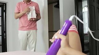 HORNY ginger petite plays with TOY while FUCKED by STEPDAD