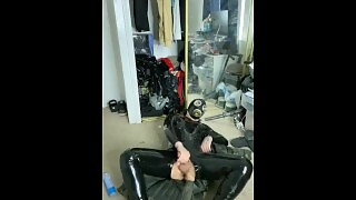 Intense latex catsuit Orgasm with a latex gas mask