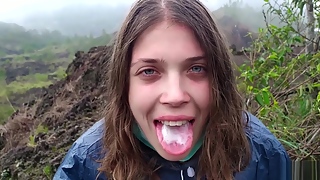 I jerking off my guide in the mountains - Public POV - Pulsating Cum Mouth